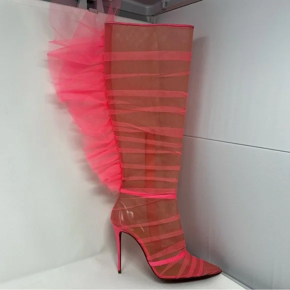 RARE Christian Louboutin SS22 Libellibotta Pink Tulle Knee High Boots Heels 40 - Picture 5 of 15